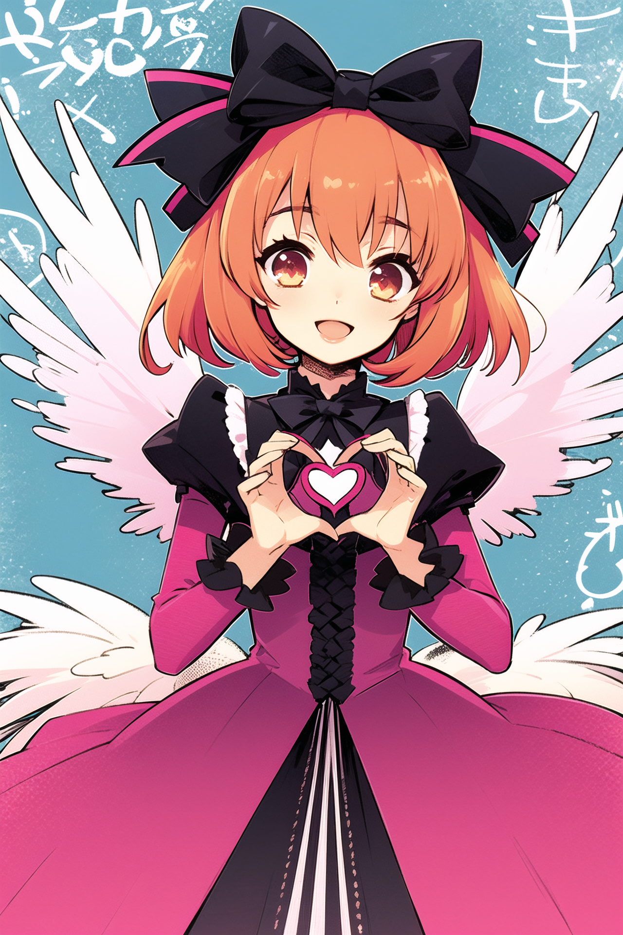 05466-2536611625-1girl, solo, heart, heart hands, smile, feathers, open mouth, wings, ribbon, dress, _d, hair ribbon, blush, pink hair, orange ha.png
